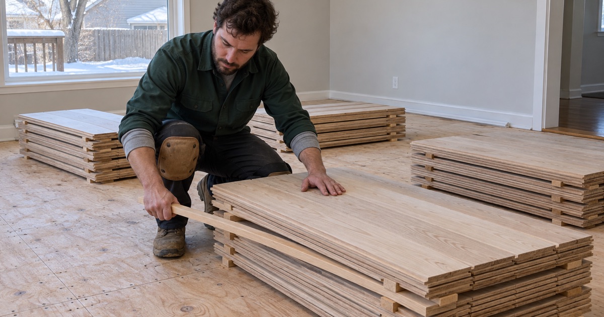 Worker setting a spacer batten across a stack of white oak bundles acclimating in an Eden Prairie house before installation.