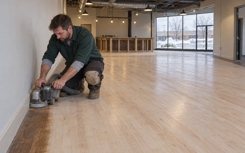 Worker running an edger along the wall of an empty Eden Prairie taproom, the maple floor cut back pale across the open field.