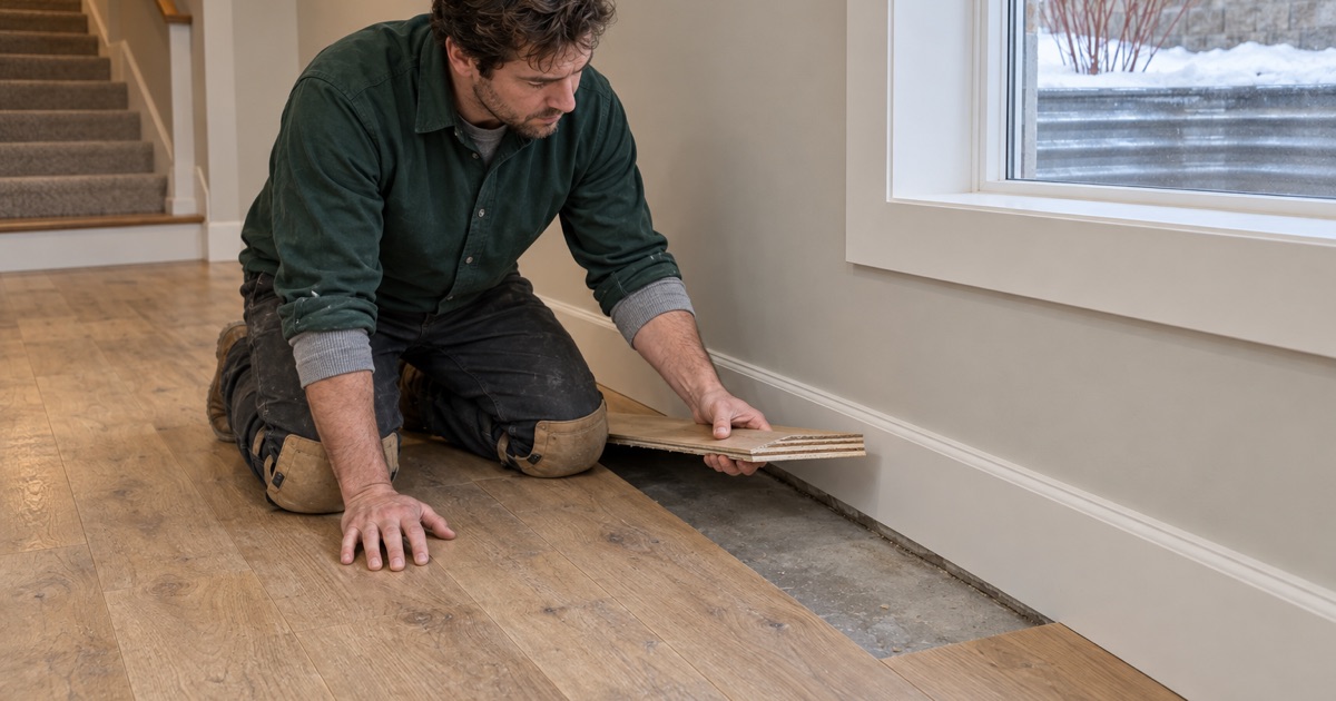 Worker turning the sawn end of an engineered white oak plank to camera in an Eden Prairie lower level, showing how much wear layer sits above the core.