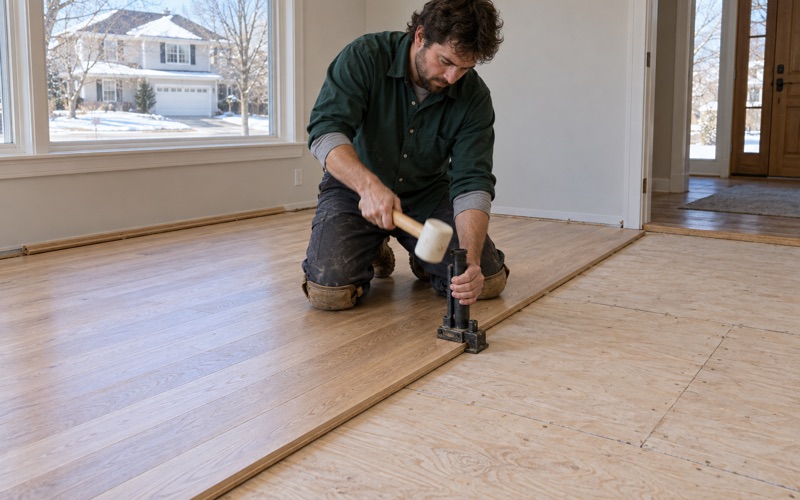 Installer seating a flooring nailer on the tongue of a white oak board in an Eden Prairie house and striking the plunger with a mallet.