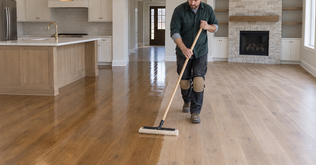 Finisher walking backwards with a flat applicator as a maintenance coat goes down over white oak in an Eden Prairie kitchen and great room.