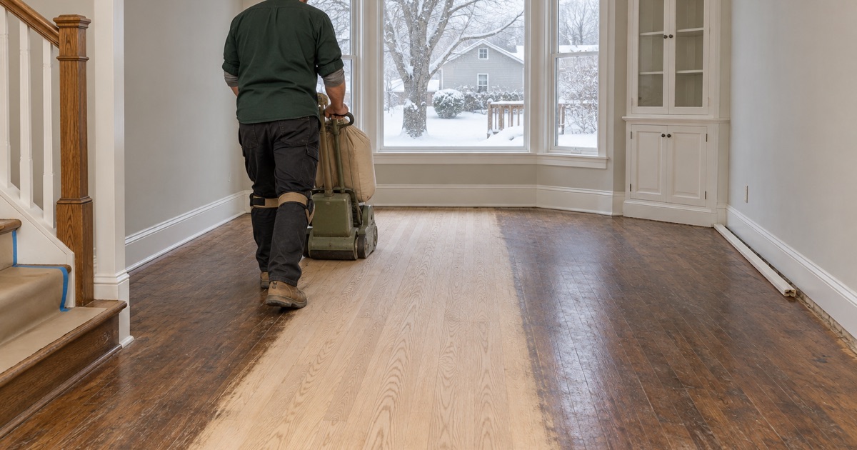 Worker running a drum sander down the length of an Eden Prairie dining room, the white oak behind the machine cut back to raw wood.