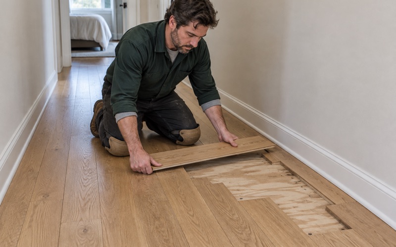 Worker easing a replacement white oak board down into a lace-in repair in an Eden Prairie floor, the new courses staggered into the old.