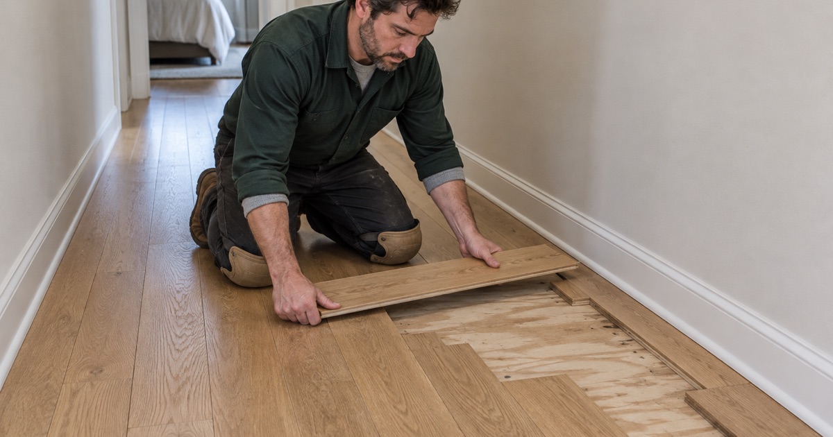 Worker easing a replacement white oak board down into a lace-in repair in an Eden Prairie floor, the new courses staggered into the old.