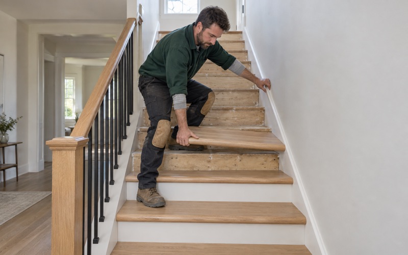 Carpenter setting a retro tread with a bullnose front edge down onto an exposed stringer in an Eden Prairie stair.