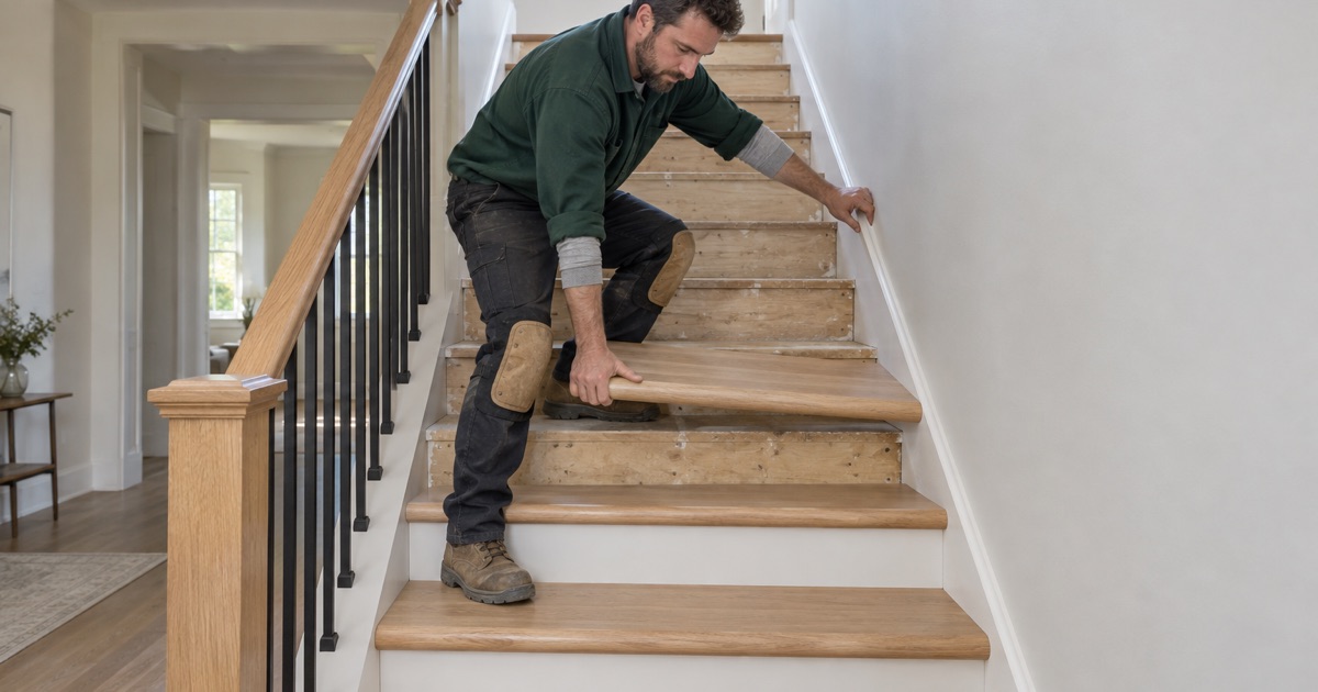Carpenter setting a retro tread with a bullnose front edge down onto an exposed stringer in an Eden Prairie stair.