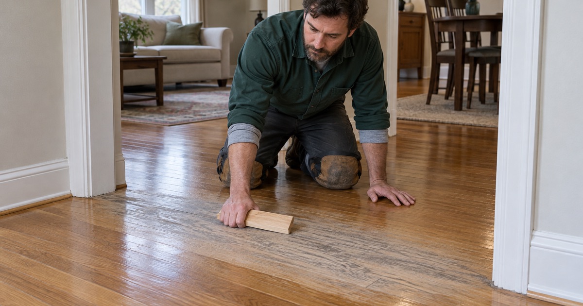 Worker holding a raw white oak offcut down beside a worn Eden Prairie floor to compare what a full sand would bring back against what is there now.