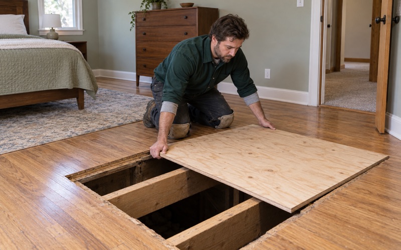 Worker bringing a new plywood panel down between the joists of an Eden Prairie floor after the old sheathing was cut out.