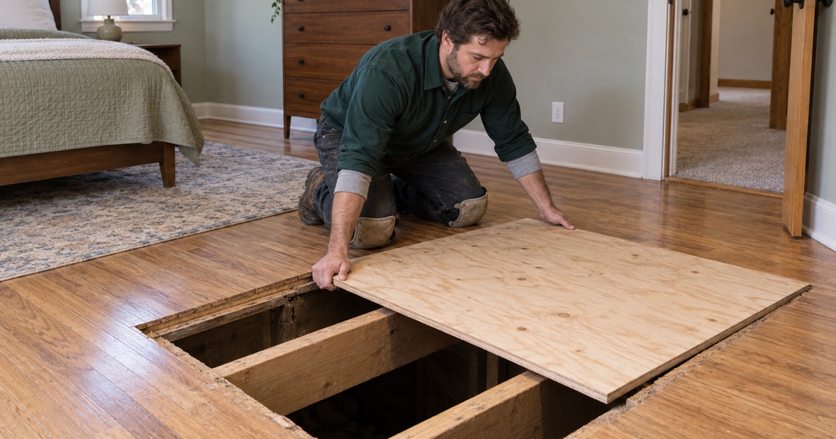 Worker bringing a new plywood panel down between the joists of an Eden Prairie floor after the old sheathing was cut out.