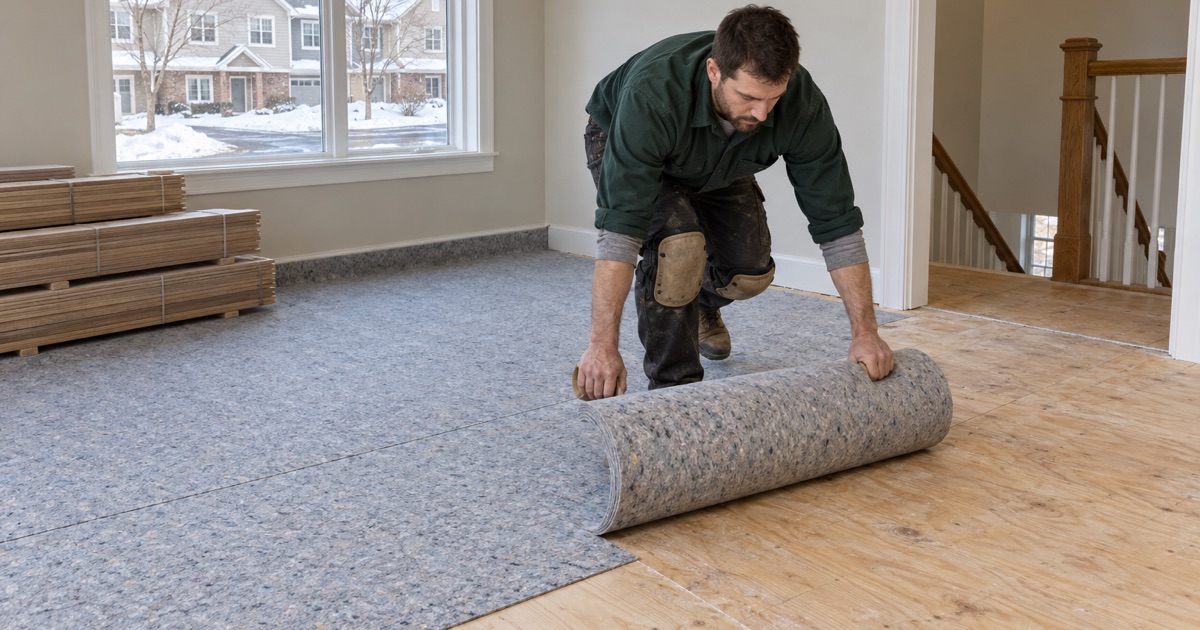 Installer walking out a roll of plain acoustical mat across the plywood subfloor of an Eden Prairie townhome upper level before the boards go down.