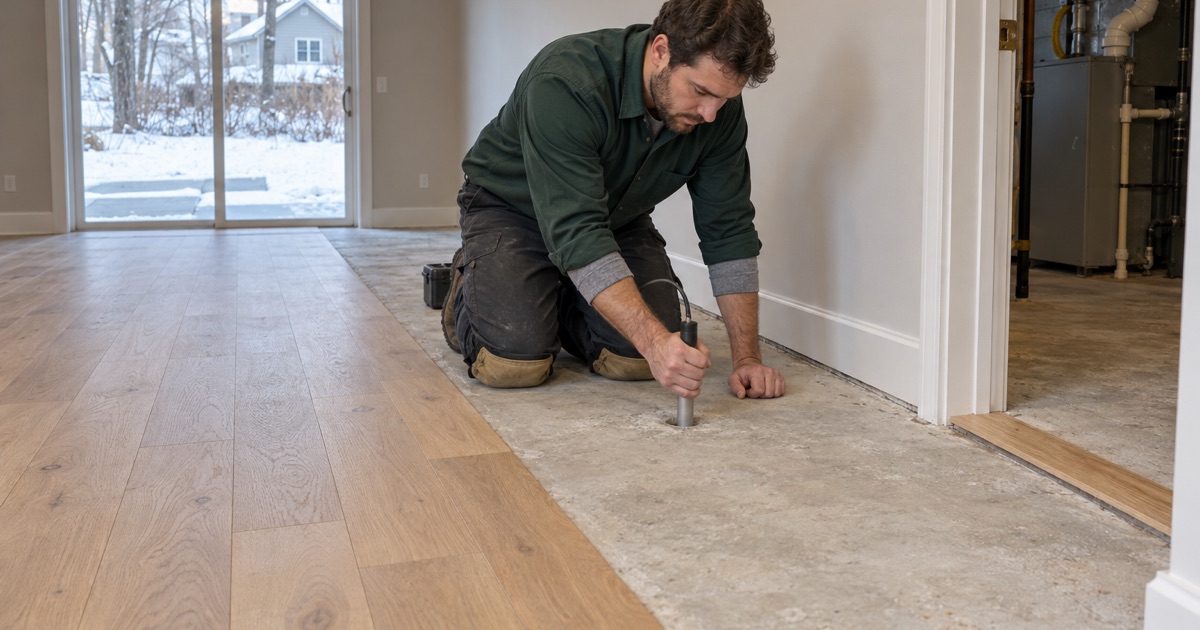 Technician setting a relative humidity probe into a drilled hole in the concrete slab of an Eden Prairie walkout lower level, engineered white oak plank held back at the edge of the work.