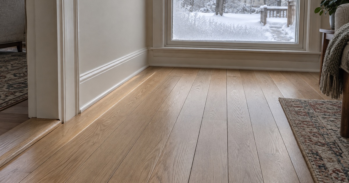 Close view of hairline seasonal gaps opened between white oak strips in an Eden Prairie house during the heating season, with frost on the storm window behind.
