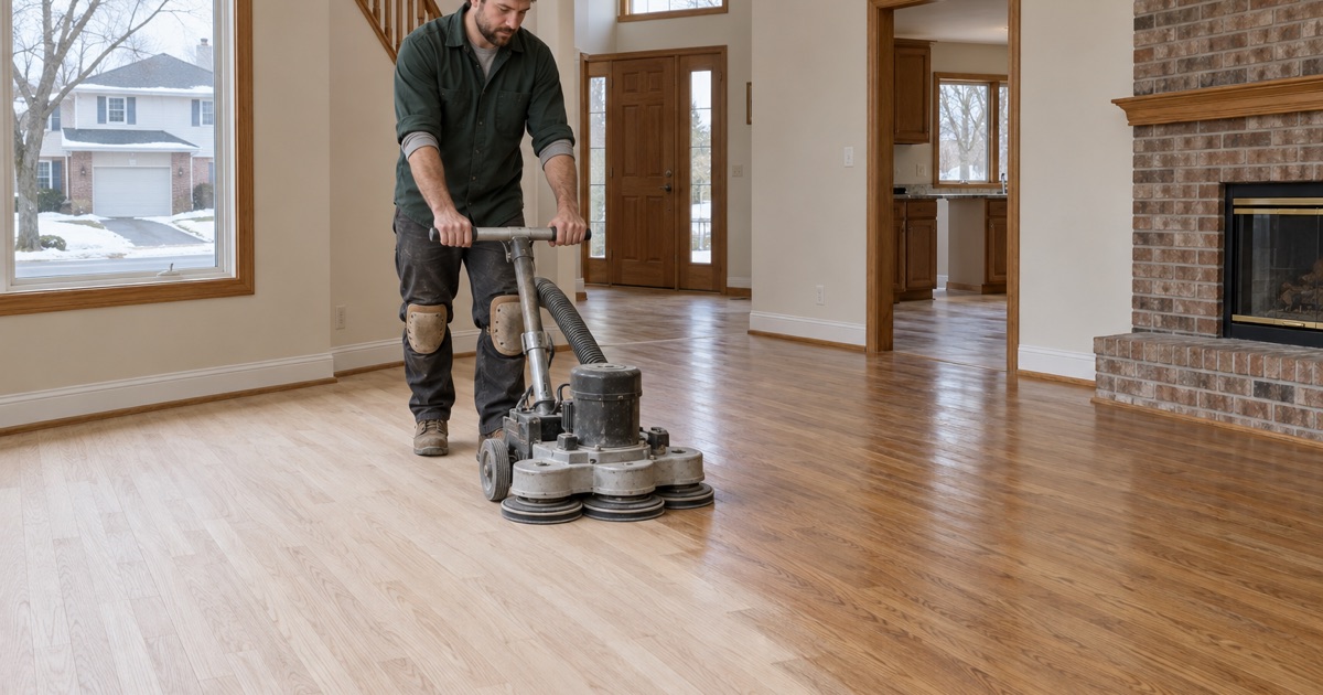 Worker running a multi-disc orbital sander across white oak in an Eden Prairie two-story, half the room cut back to raw wood and half still carrying its old amber finish.
